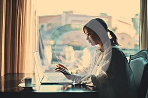 Brazilian woman using laptop in cafe photo